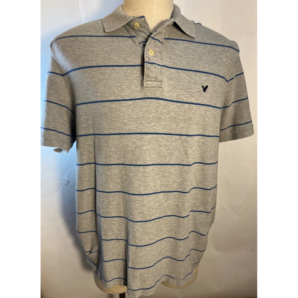 American Eagle Outfitters Men's The Eagle Polo Shirt Gray Blue Stripe Size XL - Picture 2 of 6